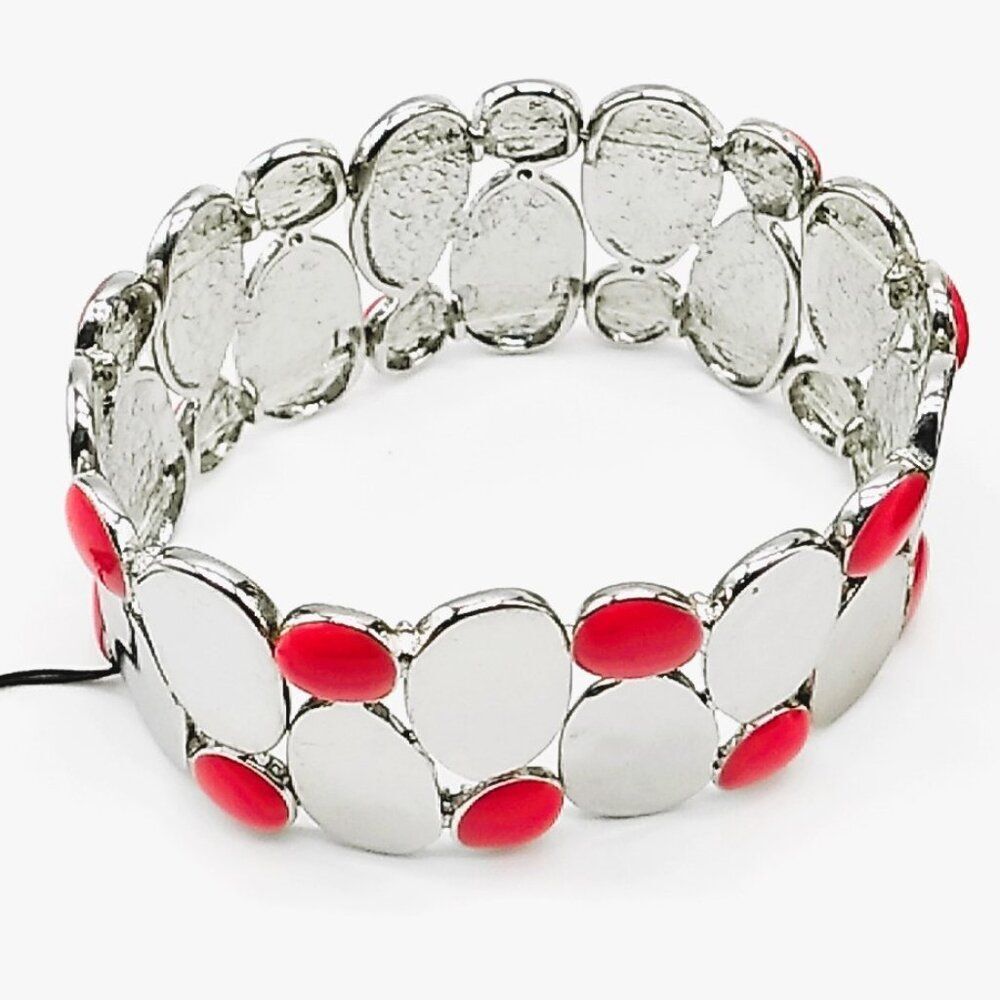 AVENUE Red Acrylic & Silver-tone Pear Shaped & Round Cabochon Stretch Bracelet
